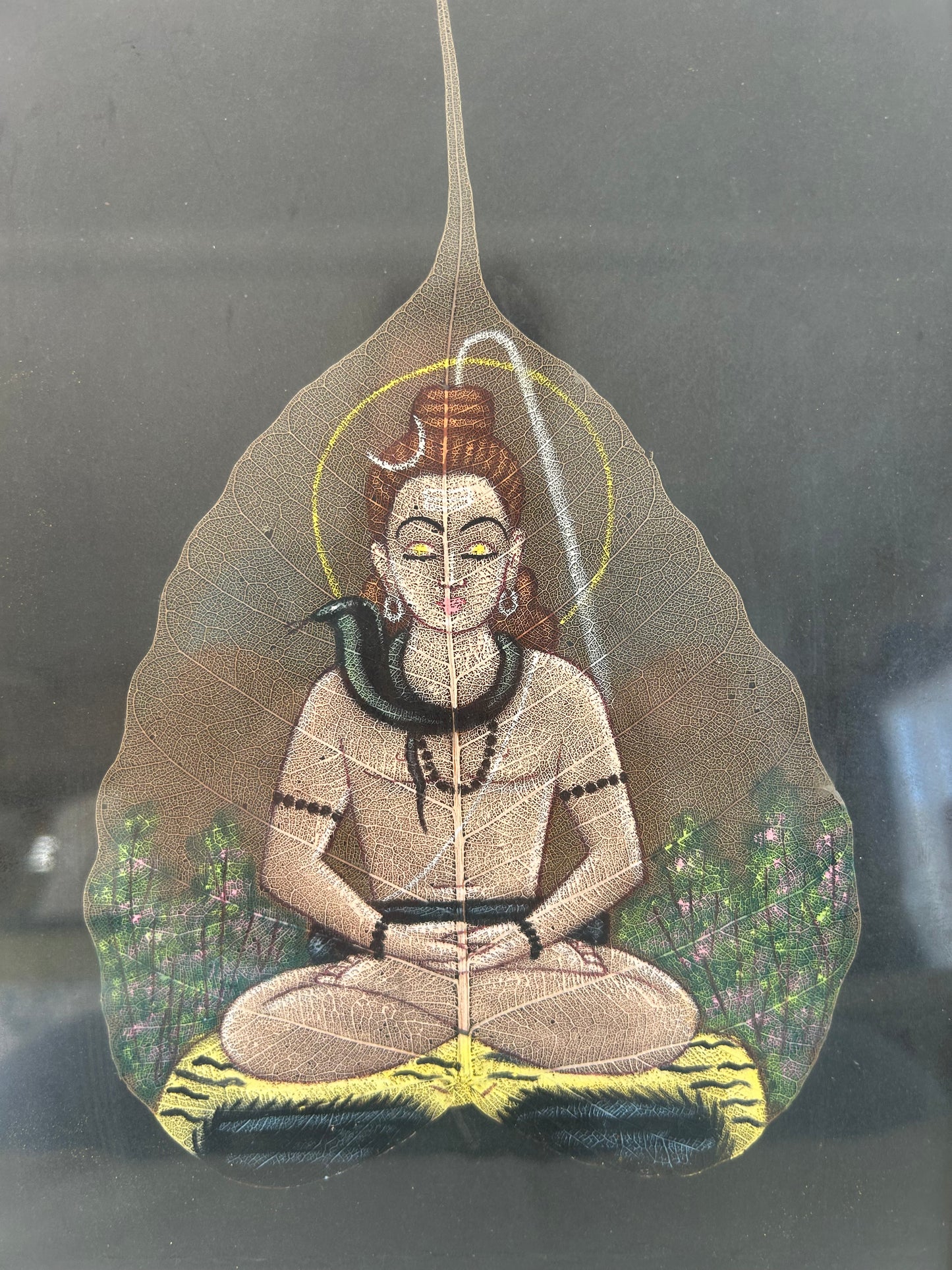 Peepal Leaf Painting Lord Shiva Sacred Meditation Religious Art Framed