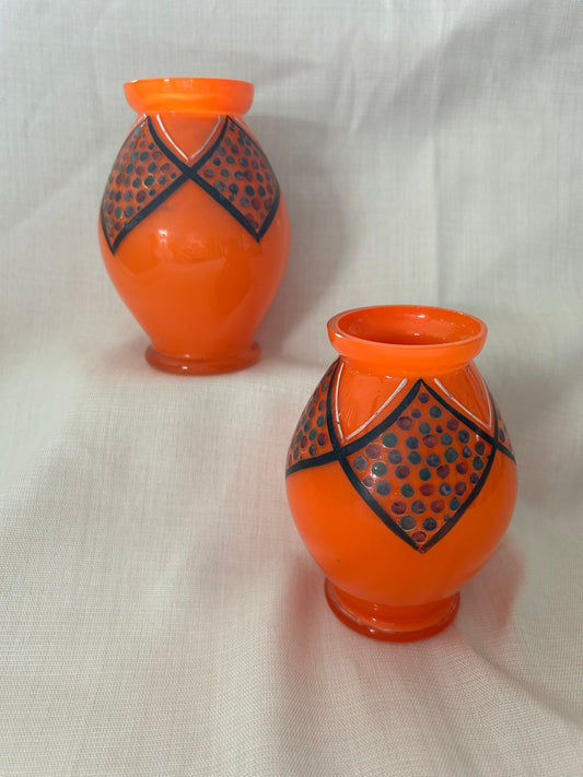 Pair Of Tango Art Deco Manner Of Loetz Orange Glass Vases Czech Bohemian