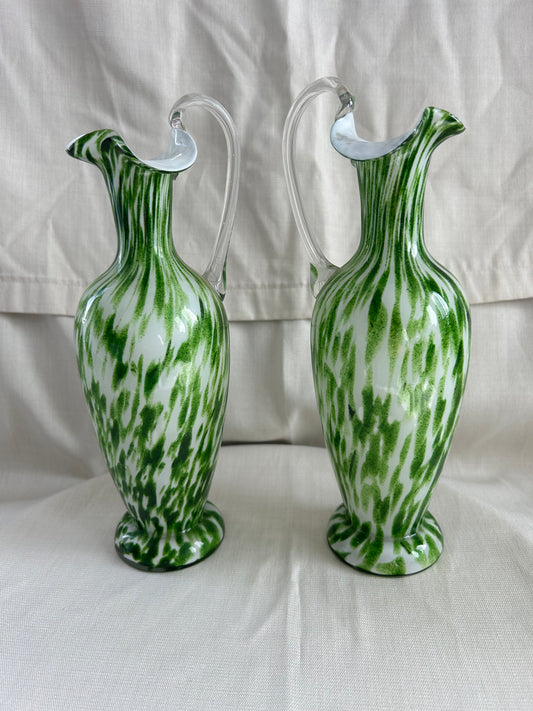 Vintage Pair Franz Welz Bohemian Glass Ewers In Green & White Splatter Jugs