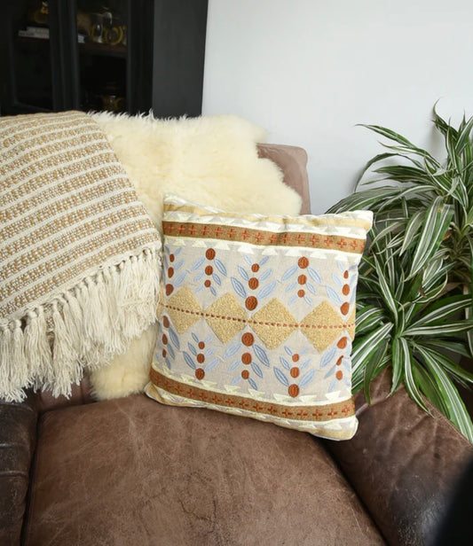 Vintage Retro Jaipur Scandinavian Style Cushion Embossed Design Brown Mustard (4 available)