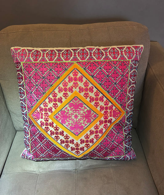 Vintage Retro Scandinavian Boho Embroidered Style Cushion Design Pink Orange (4 available)