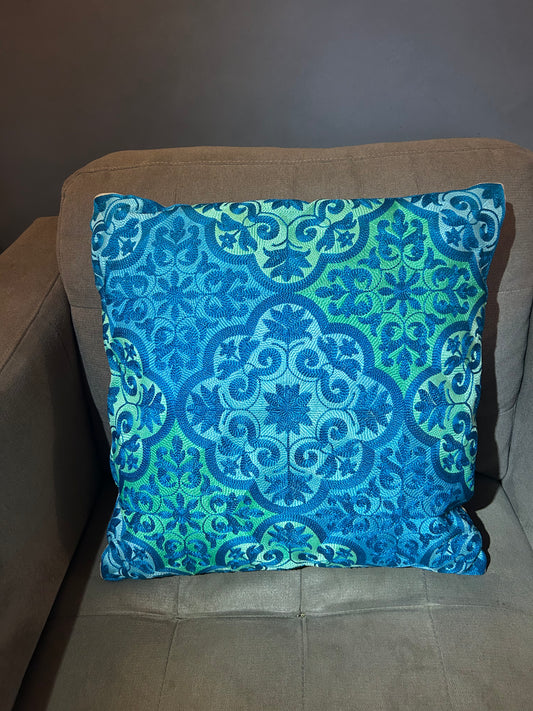 Vintage Retro Scandinavian Boho Embroidered Style Cushion Design Blue Turquoise (4 available)