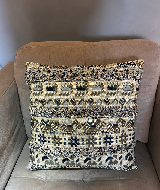 Vintage Retro Scandinavian Boho Embroidered Tuff Style Cushion Design Blue Brown (4 available)