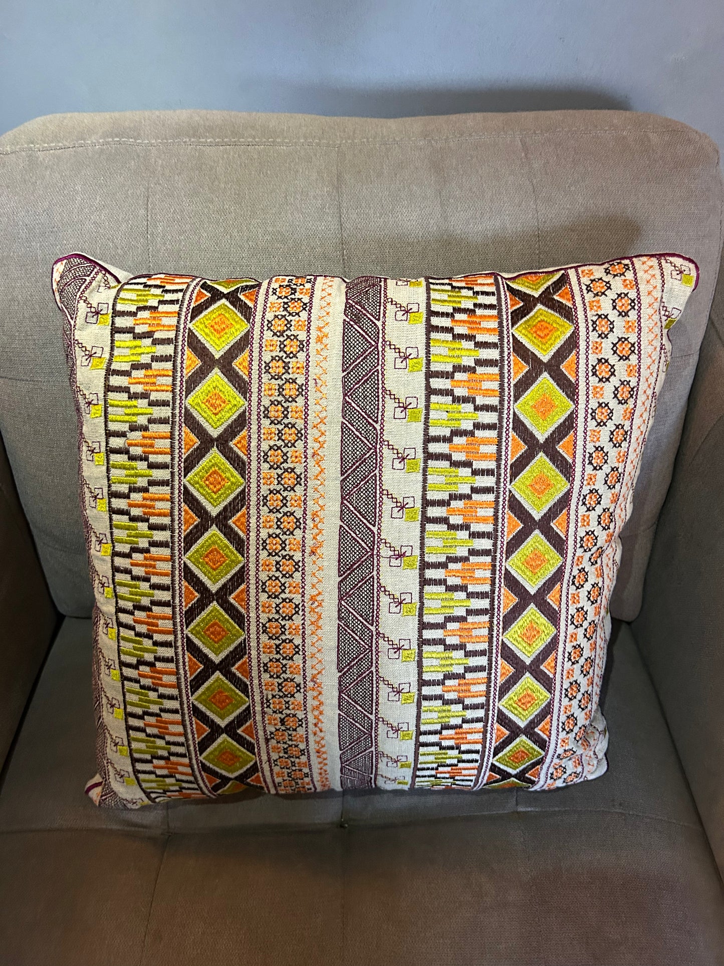 Vintage Retro Scandinavian Boho Embroidered Style Cushion Orange Brown Lime (4 available)