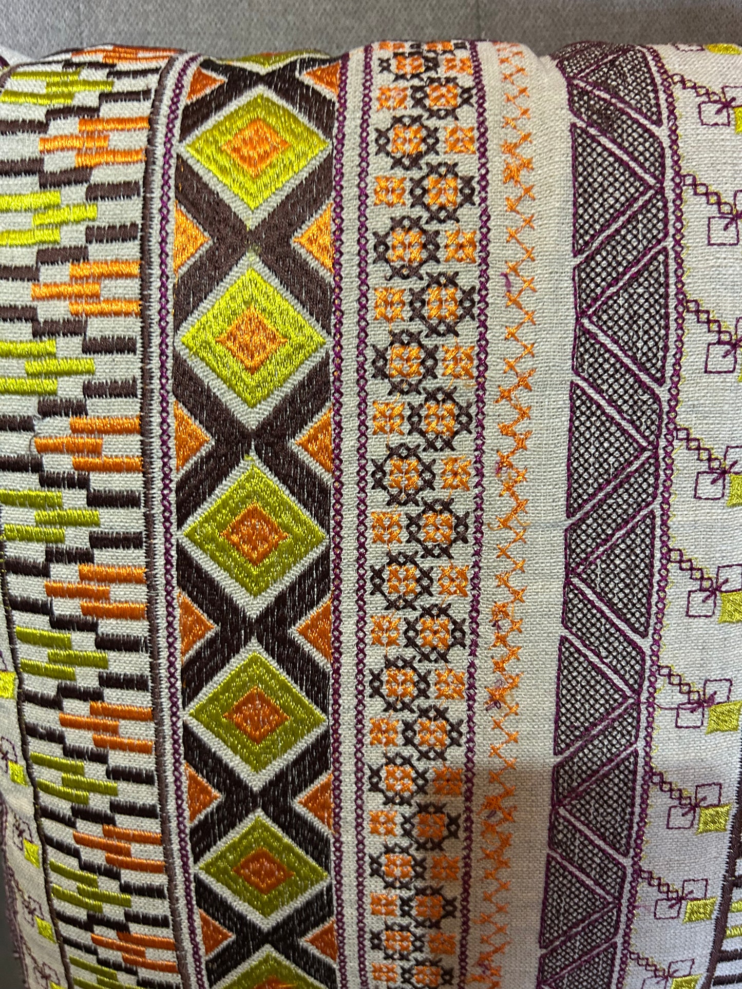 Vintage Retro Scandinavian Boho Embroidered Style Cushion Orange Brown Lime (4 available)