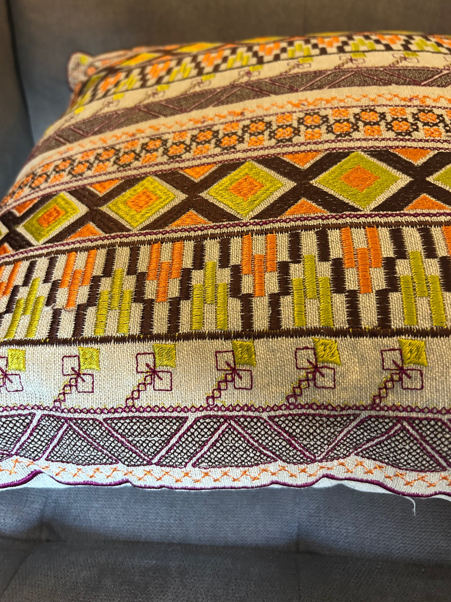 Vintage Retro Scandinavian Boho Embroidered Style Cushion Orange Brown Lime (4 available)