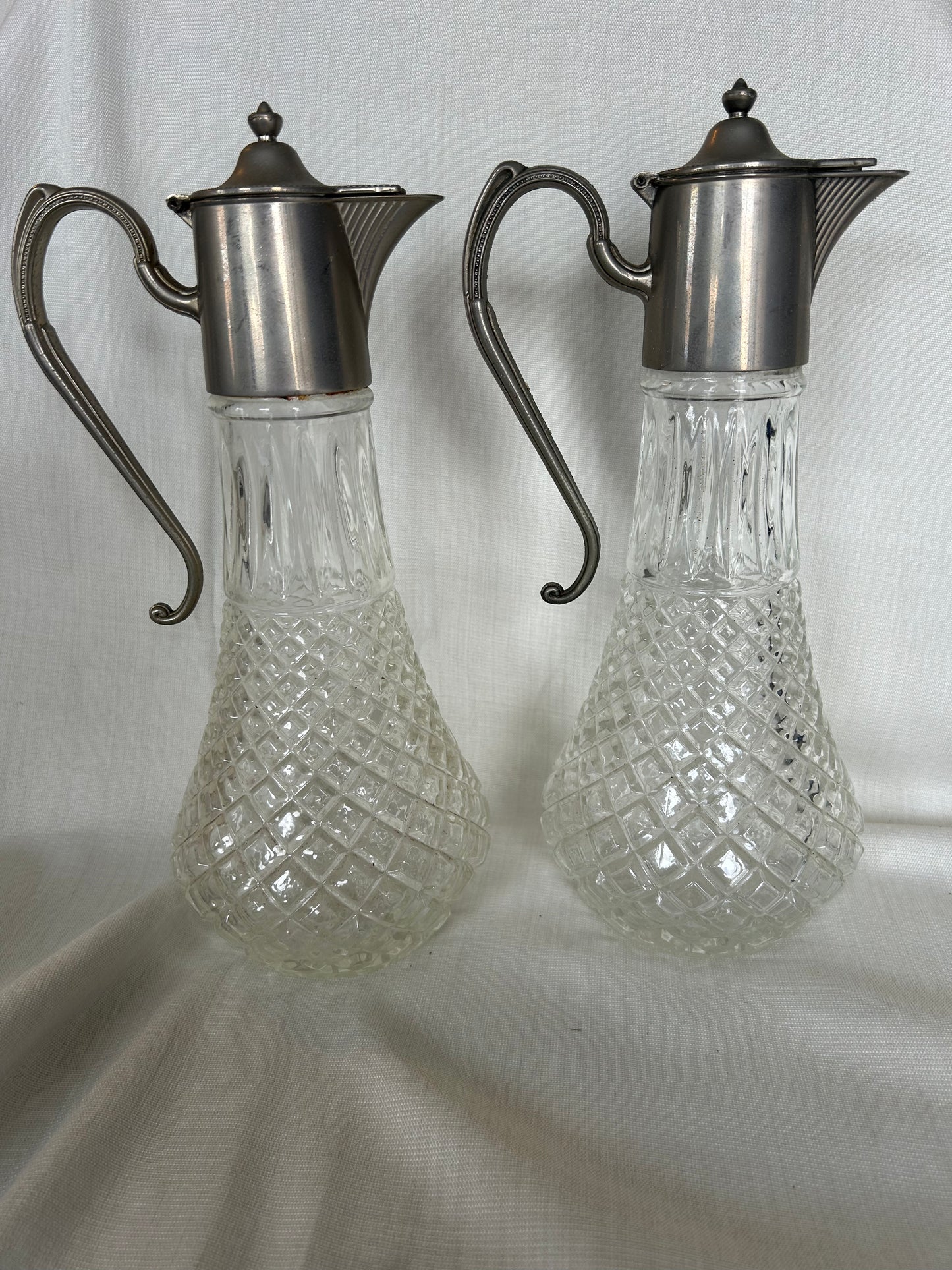 Pair of Antique E.P. Zinc Silver Plated Crystal Decanters