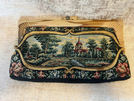 Vintage Tapestry Clutch Bag With Lucite Handle In Neutral Colours French Inspired