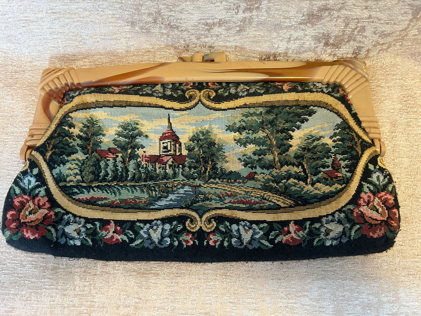 Vintage Tapestry Clutch Bag With Lucite Handle In Neutral Colours French Inspired