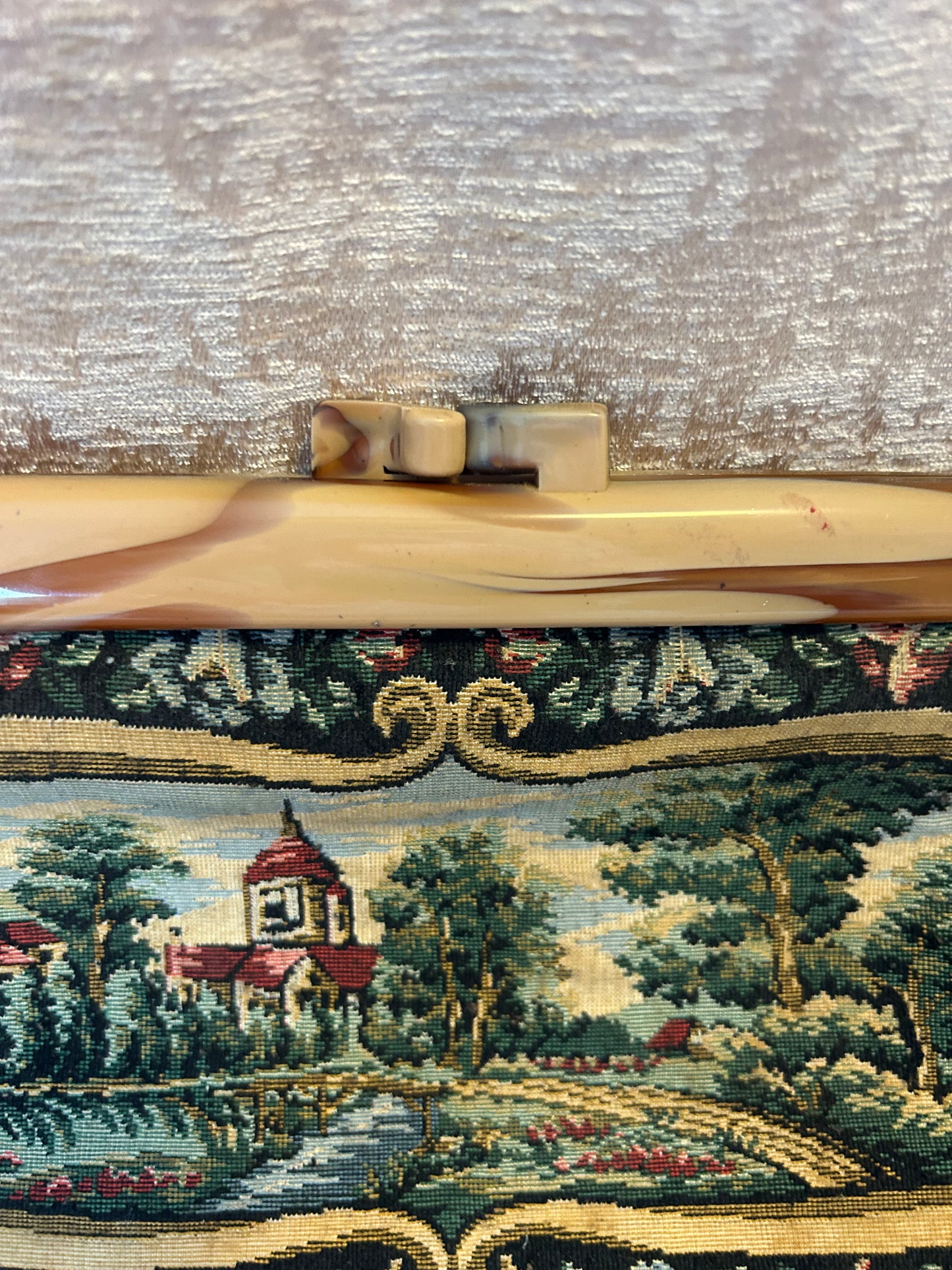 Vintage Tapestry Clutch Bag With Lucite Handle In Neutral Colours French Inspired