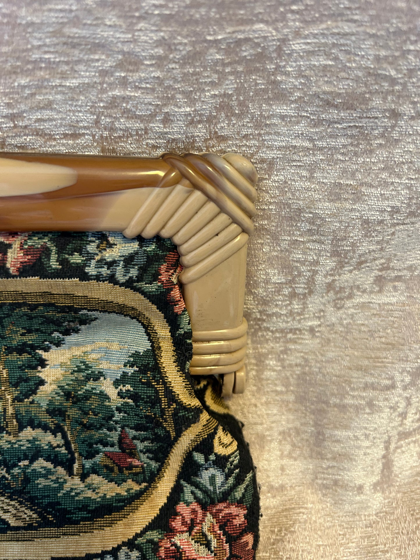 Vintage Tapestry Clutch Bag With Lucite Handle In Neutral Colours French Inspired