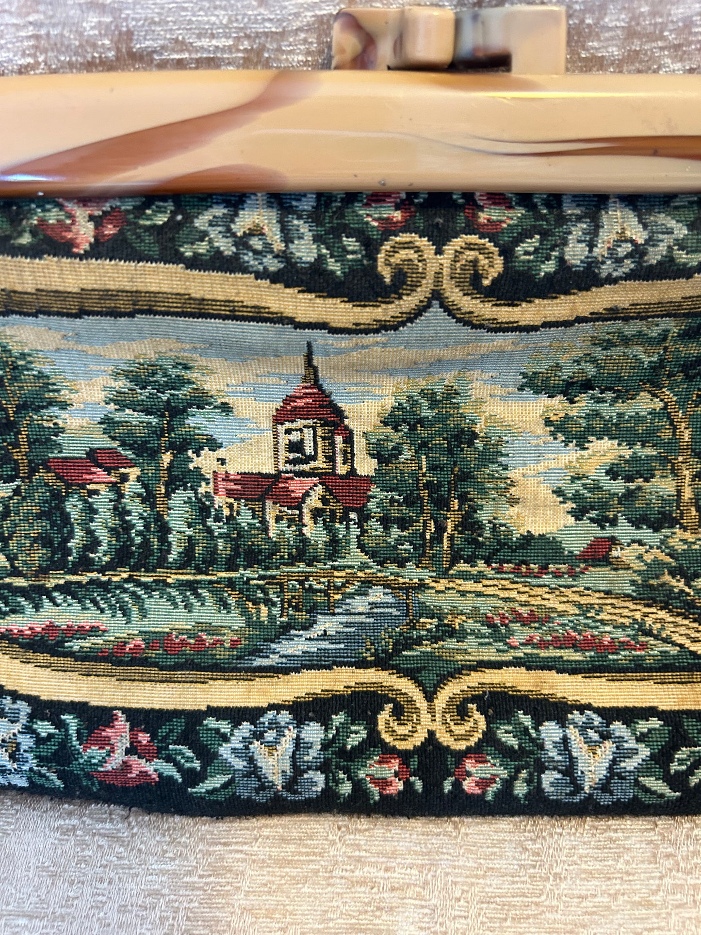 Vintage Tapestry Clutch Bag With Lucite Handle In Neutral Colours French Inspired