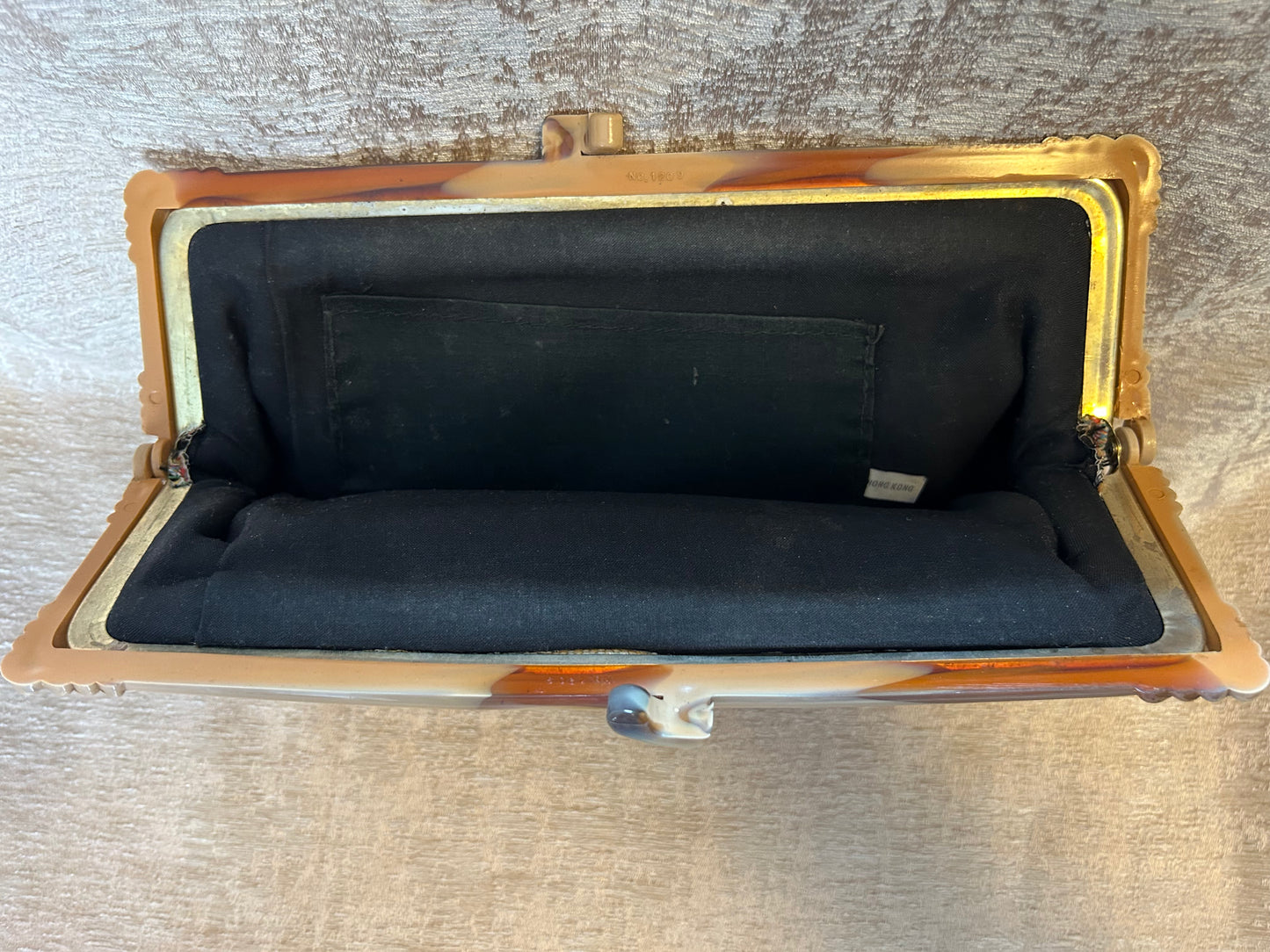 Vintage Tapestry Clutch Bag With Lucite Handle In Neutral Colours French Inspired