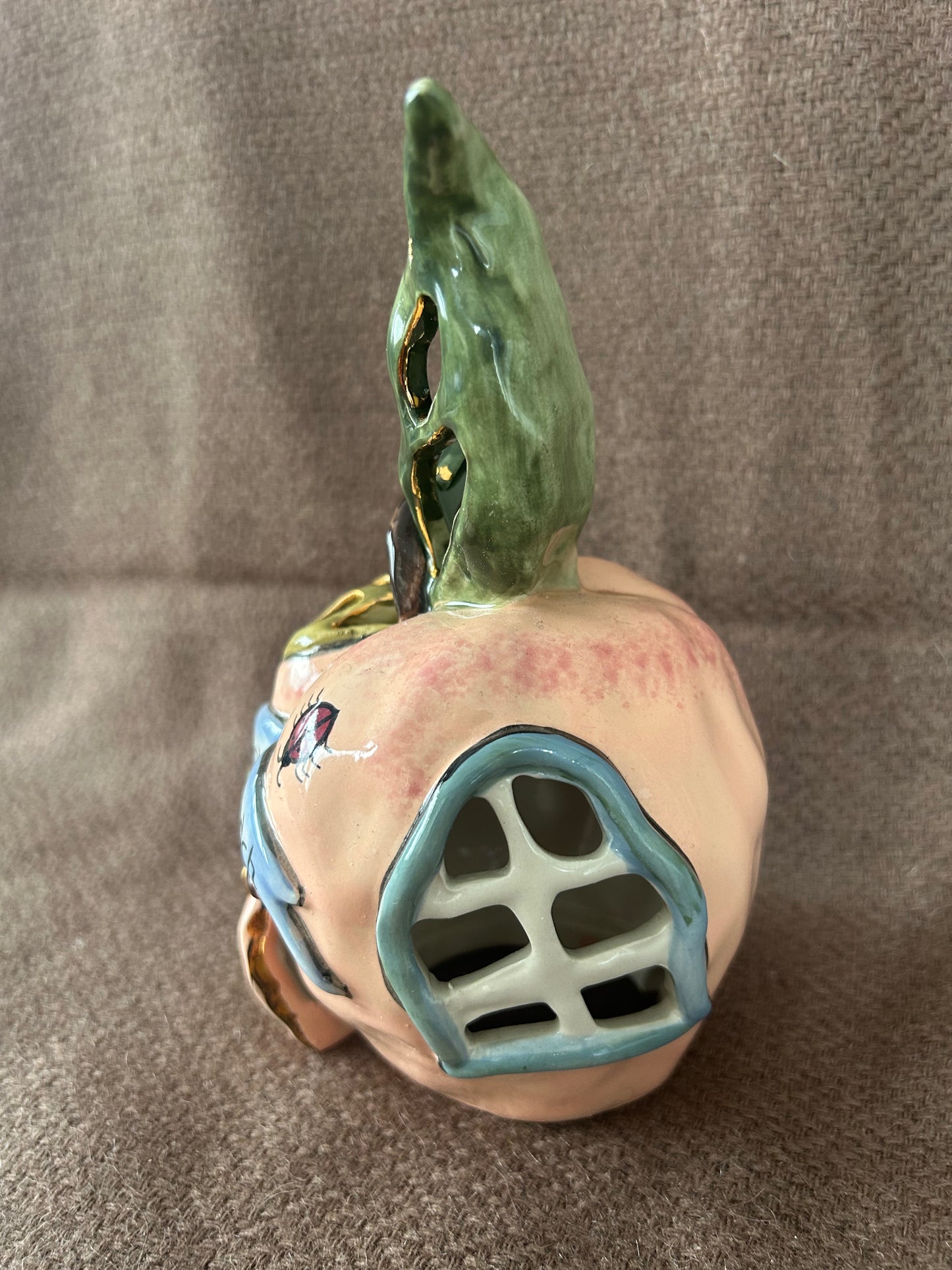 The Passionate Peach Blue Sky Clayworks Tea Light Heather Goldminc 2001 Complete With Plate