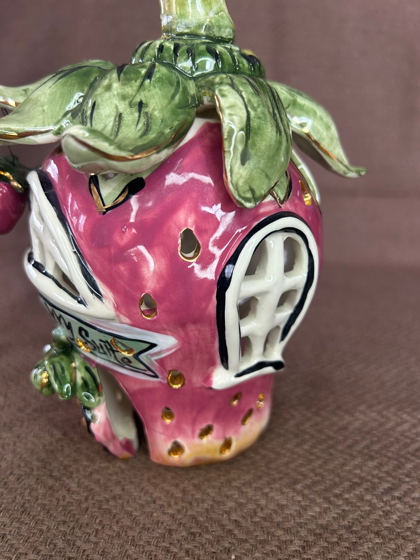 The Strawberry House Blue Sky Clayworks Tea Light Heather Goldminc 2001 Complete With Plate