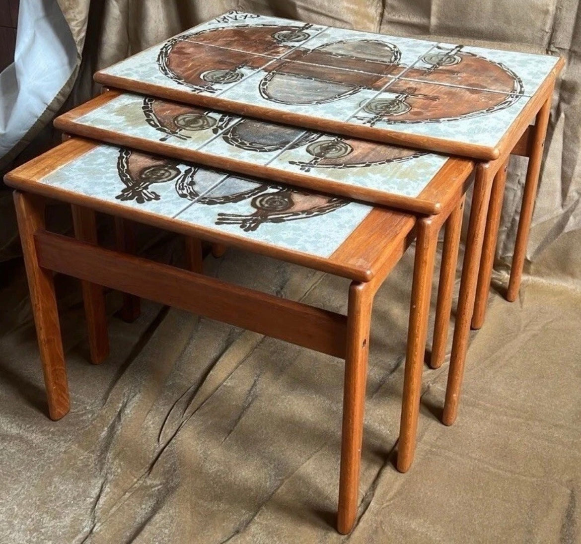 Danish Ox-Art Teak 1976 Nest Of Tables Tiled Tops