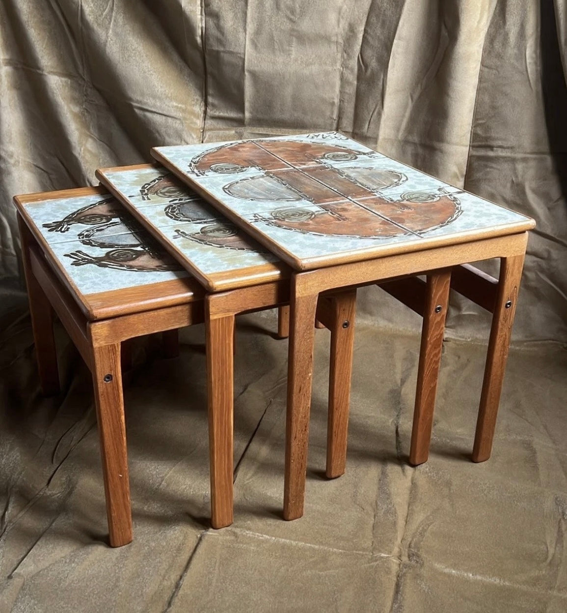 Danish Ox-Art Teak 1976 Nest Of Tables Tiled Tops