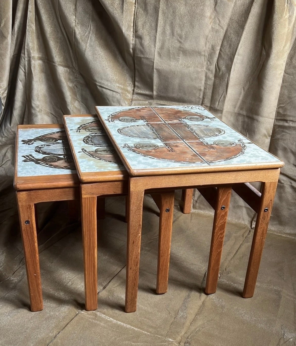 Danish Ox-Art Teak 1976 Nest Of Tables Tiled Tops