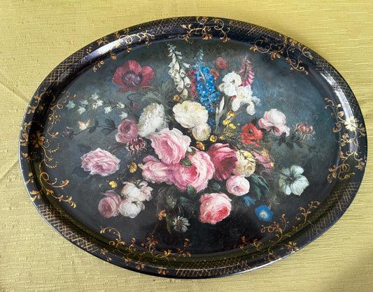 Vintage Patricia Machin Sherwood Studio Metal Oval Tray with English Garden Flowers Design