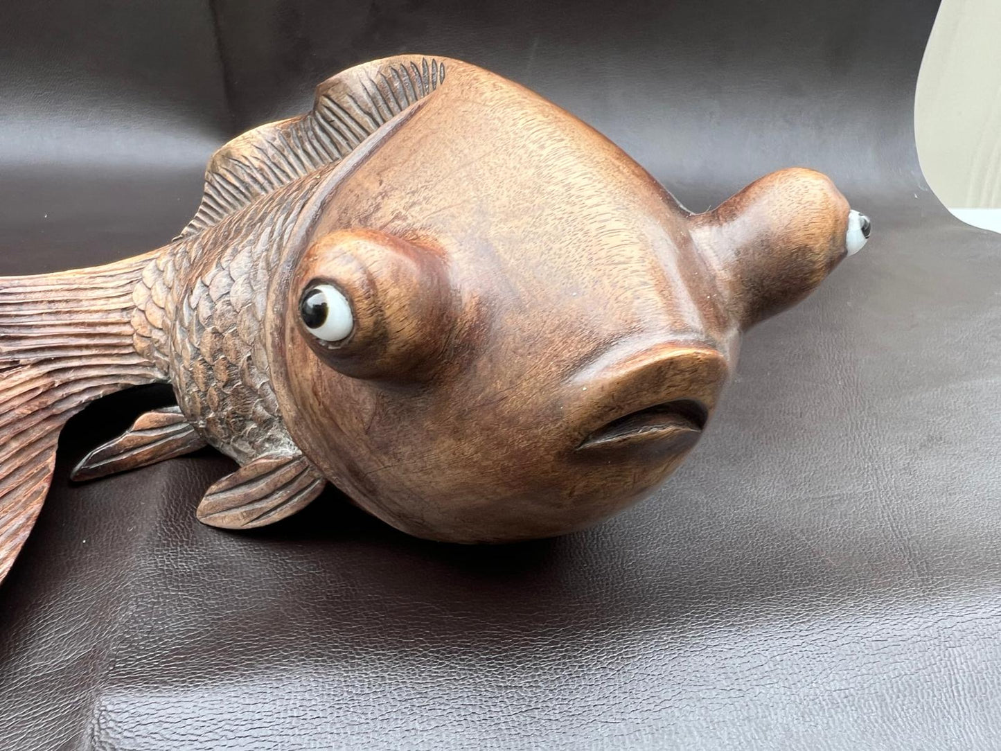 Stunning Pair of Rosewood Koi Carp Fish Ornaments with Glass Eyes Hand Carved