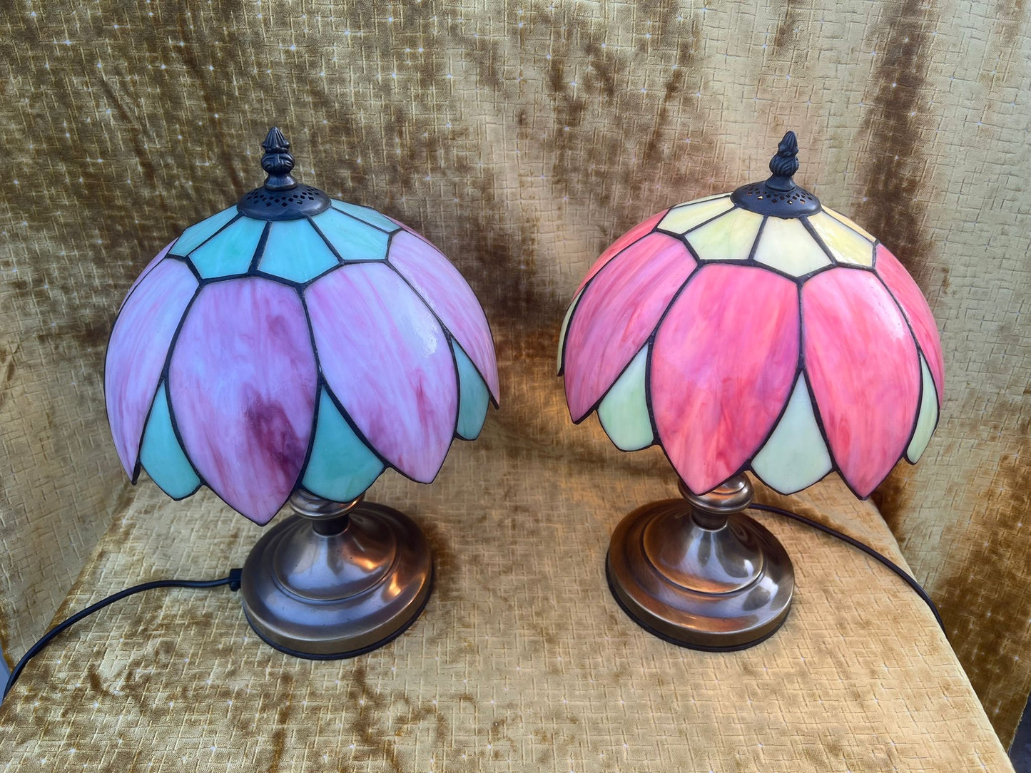 A Stunning Pair of Art Nouvea Tiffany Style Table Lamps Pink & Green