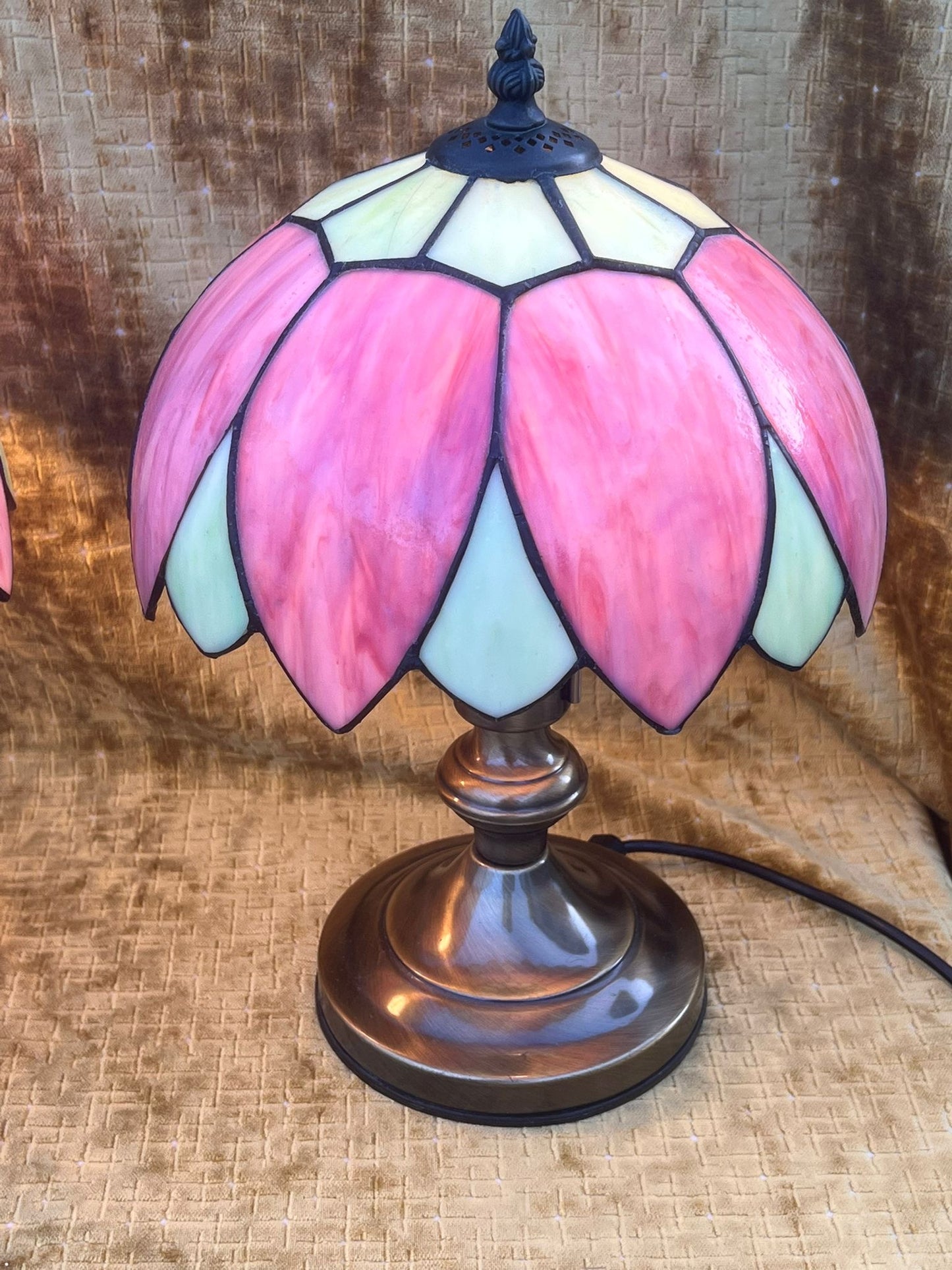A Stunning Pair of Art Nouvea Tiffany Style Table Lamps Pink & Green
