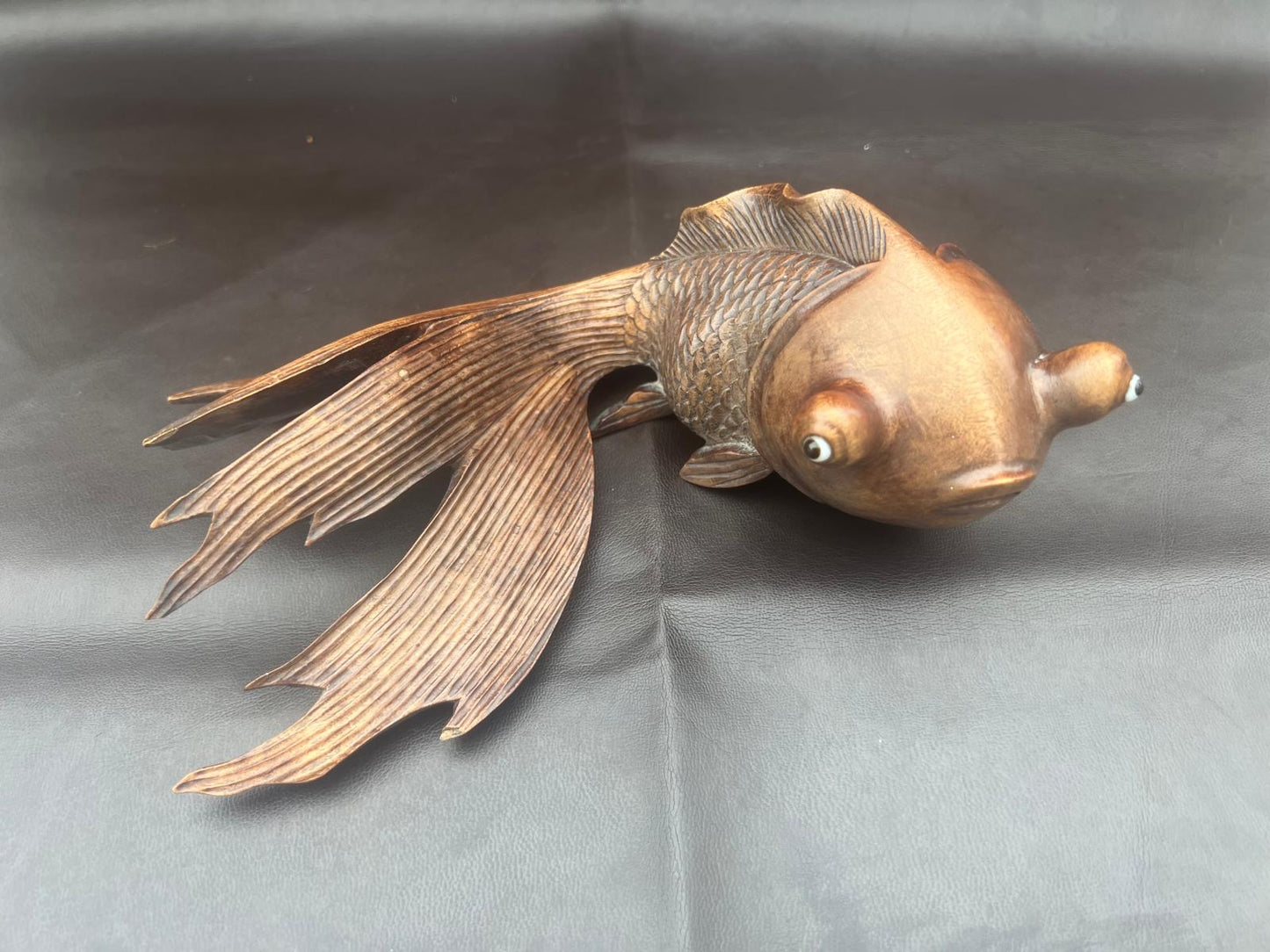 Stunning Pair of Rosewood Koi Carp Fish Ornaments with Glass Eyes Hand Carved