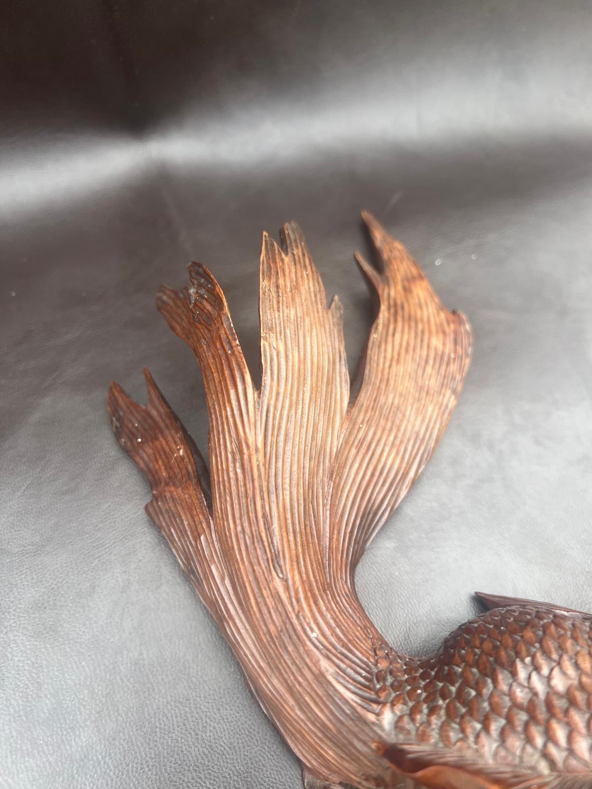 Stunning Pair of Rosewood Koi Carp Fish Ornaments with Glass Eyes Hand Carved