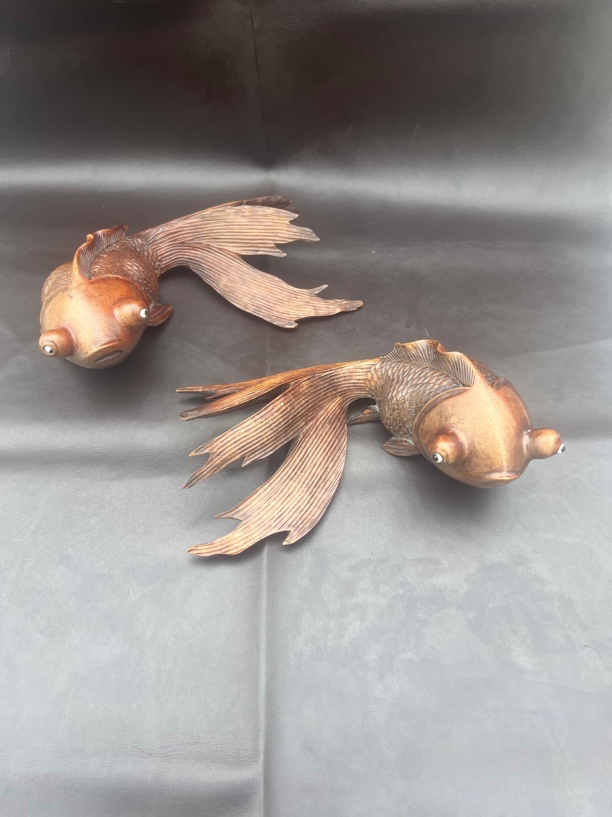 Stunning Pair of Rosewood Koi Carp Fish Ornaments with Glass Eyes Hand Carved