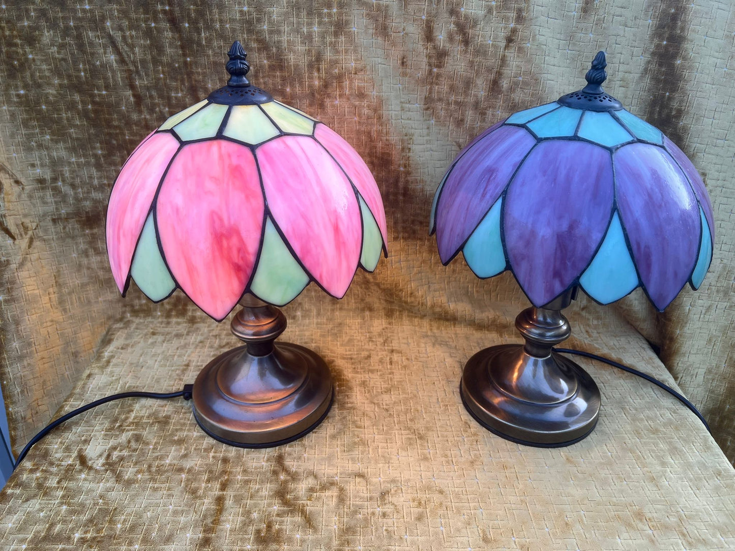 A Stunning Pair of Art Nouvea Tiffany Style Table Lamps Pink & Green