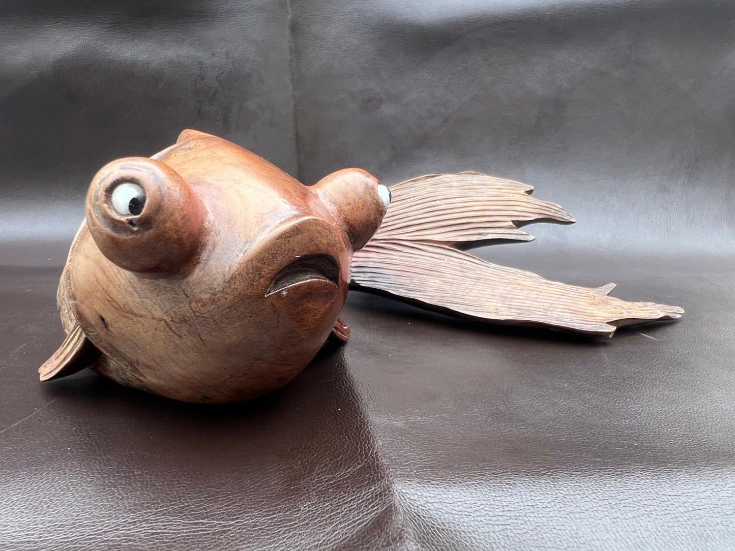 Stunning Pair of Rosewood Koi Carp Fish Ornaments with Glass Eyes Hand Carved