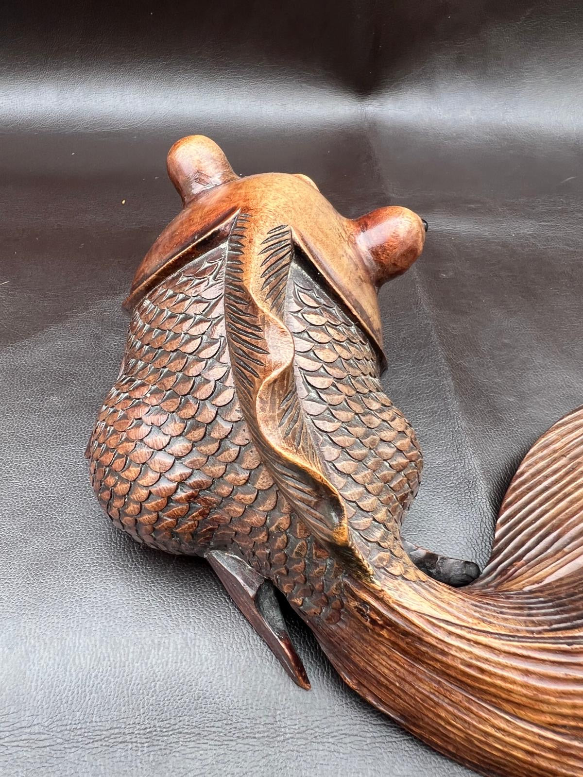 Stunning Pair of Rosewood Koi Carp Fish Ornaments with Glass Eyes Hand Carved