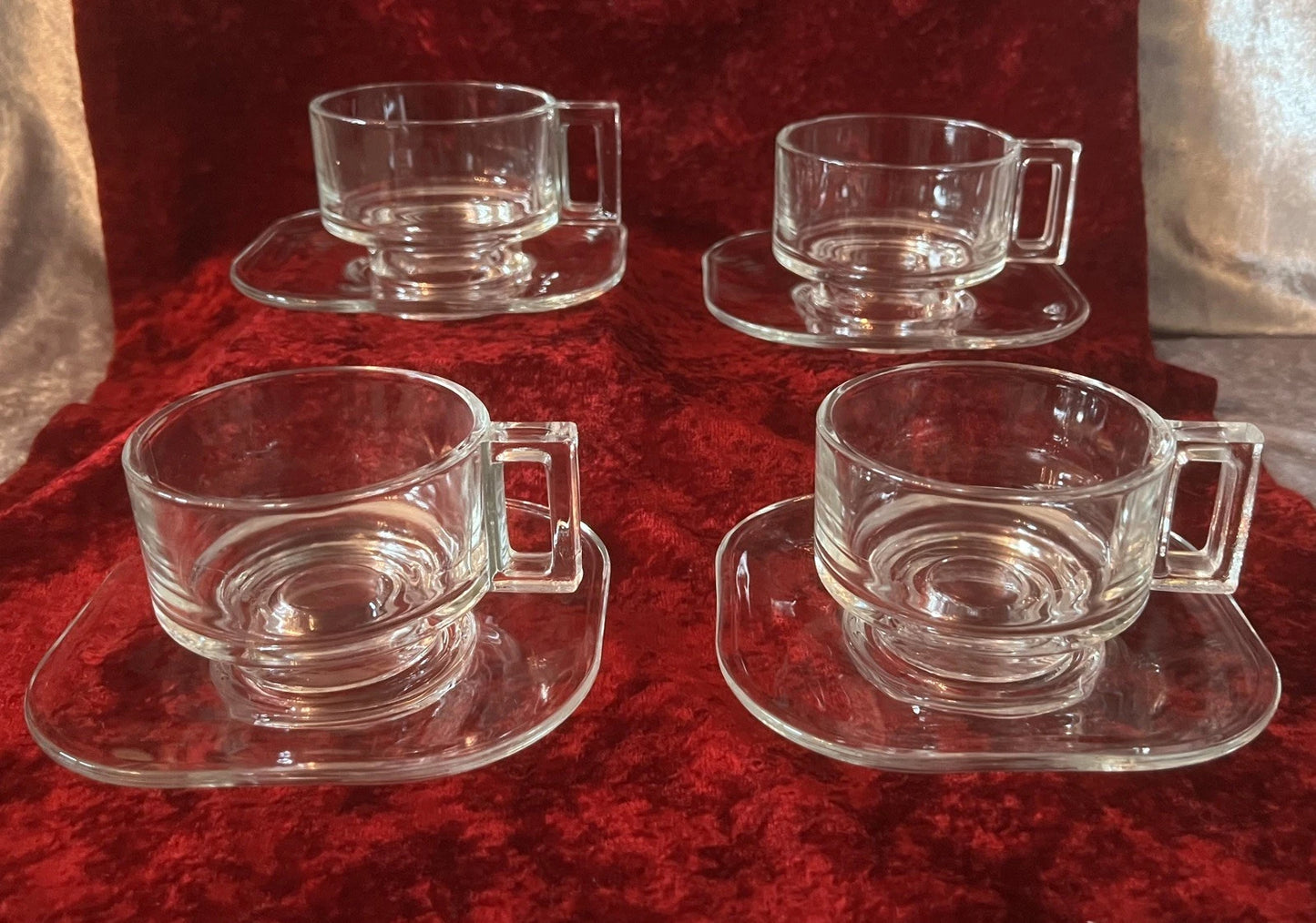 4 Retro Joe Colombo Italian Glass Coffee Cups And Saucers Model: ‘Arno’